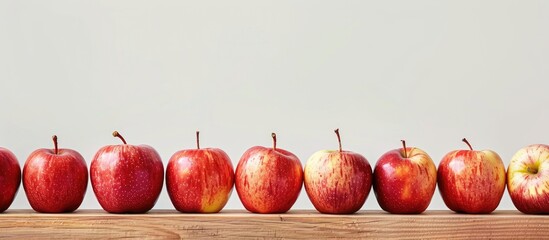 Aufkleber - Row of ripe apples arranged on wooden surface against a white backdrop with copy space image