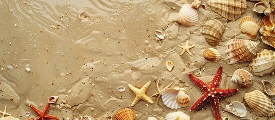 Aufkleber - A top down view shows starfish and seashells scattered on sandy beach with ample copy space image available