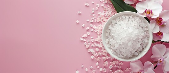Poster - Flat lay setup featuring white spa sea salt a white orchid and room for text on a pink backdrop embodying a spa beauty concept with a serene top down view Embracing meditation and minimalism with a c