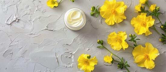 Poster - Yellow flowers on a gray background enhance the skin care concept in this natural organic moisturizer image with ample copy space