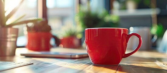 Leinwandbilder - Red espresso cup on office desk with a blurred background provides a copy space image