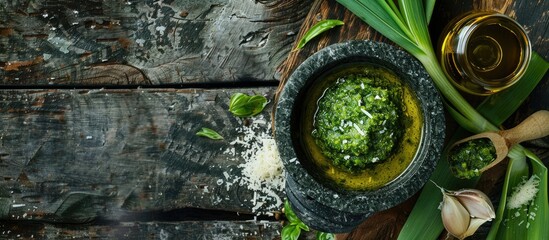Aufkleber - A mortar with wild leek pesto olive oil and parmesan cheese placed on a wooden table alongside information on the beneficial qualities of ramson Copy space image