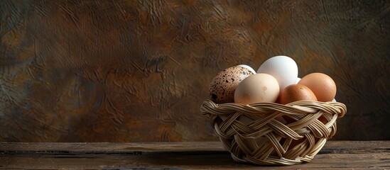 Poster - Eggs from ducks arranged in a basket woven from rattan with copy space image available