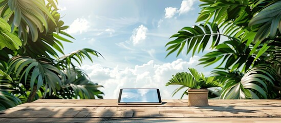 Poster - Wooden table with a digital tablet resting on it accompanied by lush green leaves all set against a serene blue sky backdrop ideal for copy space image