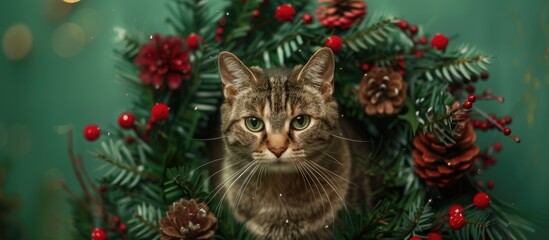 Poster - Festive cat pictured within a Christmas wreath against a green backdrop showcasing a holiday themed feline ideal as a seasonal pet companion with a copy space image