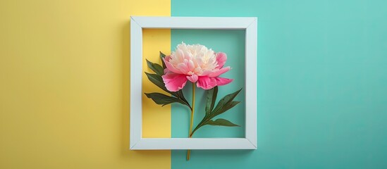Poster - Peony flower in pink close up on a colorful background within a white frame A minimalistic composition with a flat lay and top view emphasizing the natural concept and copy space image