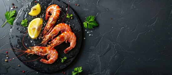Poster - Seafood dish of cooked shrimp with parsley and lemon on a sleek black stone plate captured from above with a blank space suitable for adding text or images. Creative banner. Copyspace image