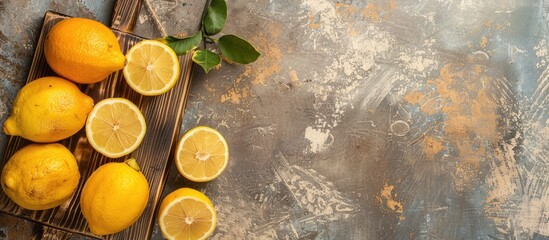 Poster - Fresh lemons arranged on a wooden cutting board in a flat lay composition with copy space image