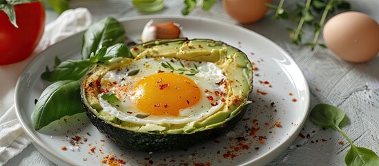 Poster - A plate with a delectable egg baked in avocado accompanied by fresh vegetables presented on a table with copy space image