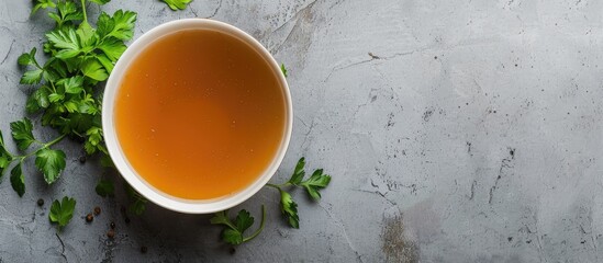 Poster - A healthy food moment captured from above with a bowl of broth on a gray background providing ample copy space in a panoramic banner image
