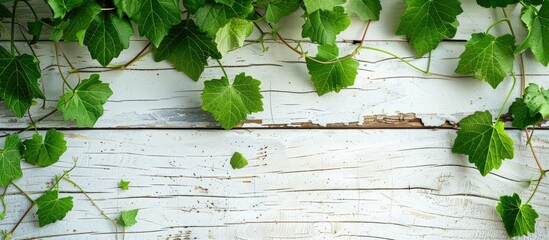 Poster - Wild grape s green leaves on white wood create a serene backdrop with copy space image