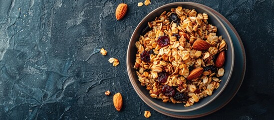 Poster - Flat lay overhead view of a bowl of homemade granola with raisins and almonds suitable for adding text. Creative banner. Copyspace image