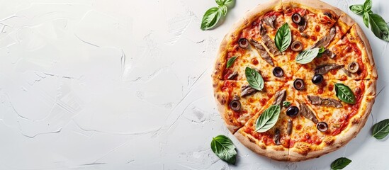 Poster - Top view of a flavorful pizza with anchovies basil and olives on a white tabletop providing space for text in the image. Creative banner. Copyspace image