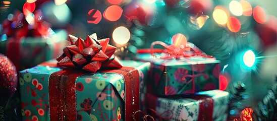Poster - Festive Christmas gift boxes with themed wrapping and a defocused background of Christmas lights provide space for a copy space image