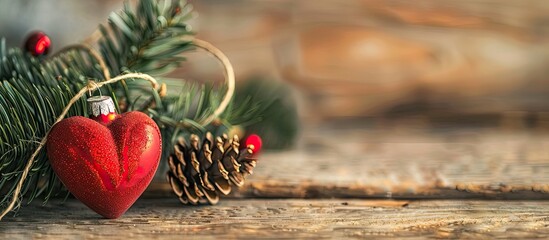Poster - A rustic heart and Christmas tree baubles on a background featuring a copy space image