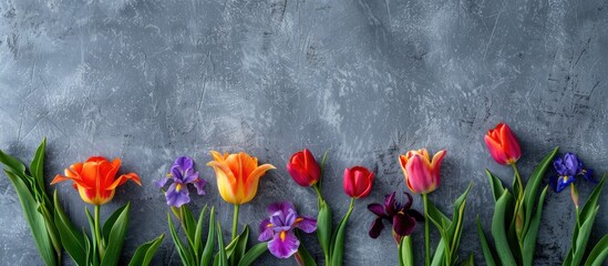 Wall Mural - A gray backdrop with vivid tulips and irises creates a charming copy space image for spring