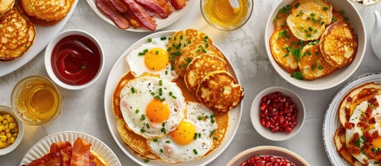 Aufkleber - Top view of a wholesome American breakfast spread with eggs bacon pancakes and latkes with copy space image
