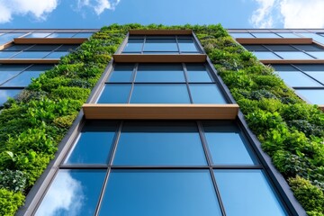 A green living wall on the side of an office building, covered in various plants and flowers