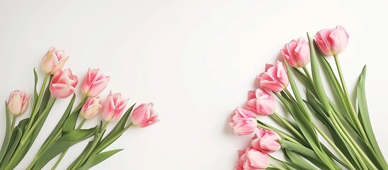 Aufkleber - Top view of a festive pink tulip arrangement on a white background with ample copy space for various occasions like birthdays Mother s Day Valentine s Women s Day or weddings