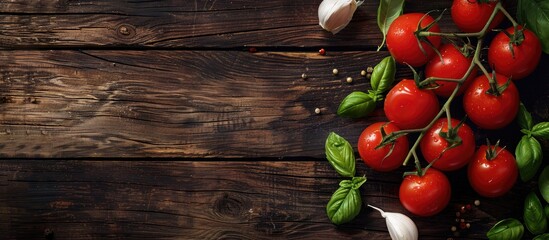 Poster - Italian cuisine ingredients like tomato basil and garlic on a dark wooden table top view with a space for text or other elements in the image. Creative banner. Copyspace image