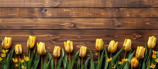 Poster - A wooden backdrop with yellow tulips perfect for a copy space image Ideal for a springtime greeting or birthday card background
