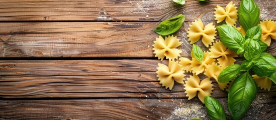 Poster - A pleasing top view of farfalle and fresh basil leaves on a wooden table with copy space for text