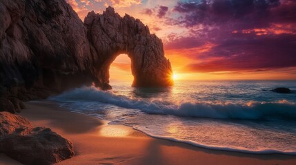 Wall Mural - A stunning arch rock formation on the beach of Cabo San Lucas, Mexico at sunset with beautiful colors in the sky. The rock is shaped like an arched door opening to the ocean waves and sea