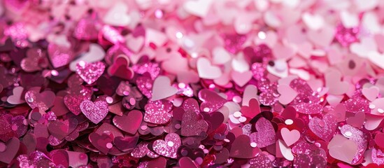 Poster - Festive backdrop with a colorful mix of hearts and confetti in magenta and white tones ideal for Valentine s Day and love themed copy space image