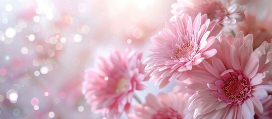 Poster - A festive background with delicate gerbera flowers in full bloom frames a soft pastel floral card Selective focus highlights the beauty of the image. Creative banner. Copyspace image