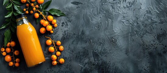 Poster - Gray table with a delicious sea buckthorn juice bottle allowing for copy space image
