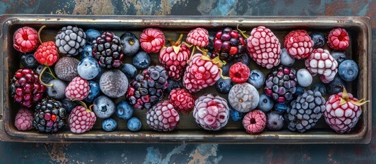 Aufkleber - Top down view of a vintage metal tray filled with a variety of frozen berries providing an area for additional content with a copy space image