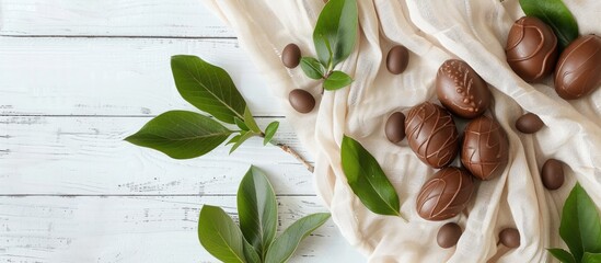 Aufkleber - Easter themed chocolate eggs on a white wooden surface with natural linen fabric and green spring leaves for a rustic backdrop in a photo with empty space for design elements. Creative banner