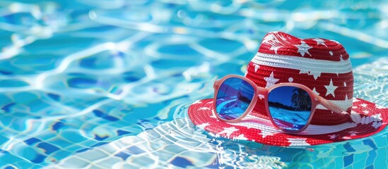 Poster - Summer themed background with a patriotic red white and blue hat and sunglasses placed by the pool offering a cheerful copy space image
