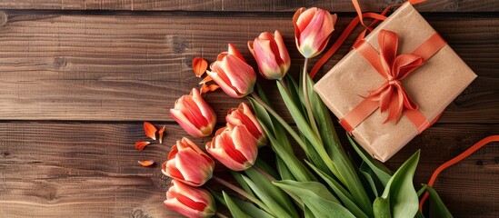 Poster - Tulips and a gift box displayed on a wooden table with copy space image