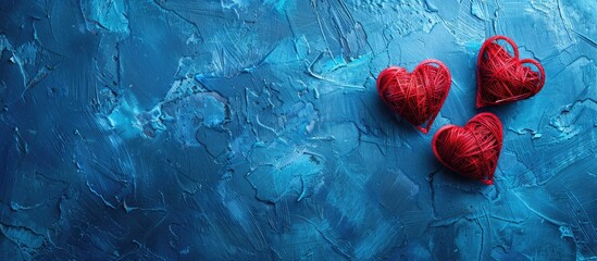Poster - Romantic Valentine s Day concept with heart shapes on a blue surface offering a copy space image for personalization