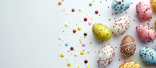 Aufkleber - A festive Easter theme featuring colorful chocolate eggs with sugary dragees on a white backdrop with plenty of copy space ideal for an Easter greeting card
