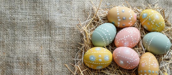 Aufkleber - Easter themed painted eggs creatively arranged on burlap and straw with a copy space image included