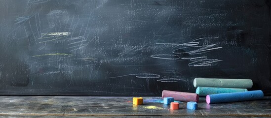 Fototapete - Horizontal composition of a blackboard with colored chalks an eraser and light effects creating a blank space for an image. Creative banner. Copyspace image