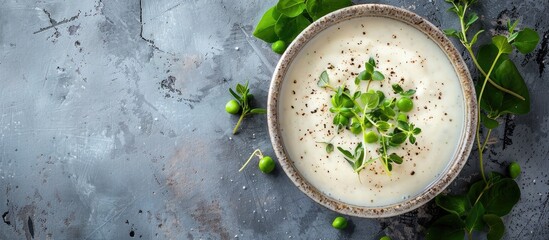 Aufkleber - Top view of a summer cream soup with green fresh pea shoots with empty space for text on a copy space image
