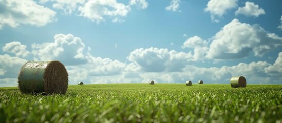 Wall Mural - A scenic view of silage bales harvesting compacted grass in an agricultural field set against a backdrop of the sky with white clouds perfect for a copy space image