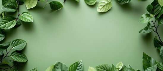 Aufkleber - Creative minimalism with a frame composed of fresh green leaves on a green background provides a striking copy space image