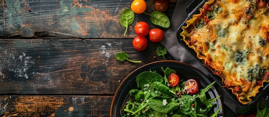 Poster - Background includes a fresh spinach salad and casserole alongside a homemade oven baked green lasagna with spinach infused dough ragu bechamel and parmesan cheese A copy space image is available