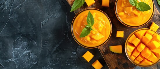 Poster - Top view of two mango smoothies with diced mango on a chopping board with copy space image