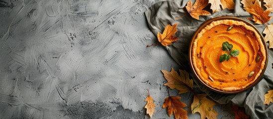 Wall Mural - Thanksgiving Day themed rustic flat lay image featuring a vegetarian pumpkin soup puree and souffle on a gray backdrop with copy space