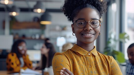 Poster - A woman with glasses and a yellow shirt is smiling and posing for a picture
