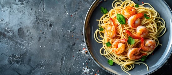 Aufkleber - Top view of a plate of spaghetti shrimp scampi against a dark background with ample copy space image available