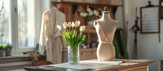 Poster - In the living room there is a table with a vase of tulips a calendar and a wooden mannequin creating a cozy ambiance with a rustic touch against a copy space image