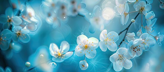 Poster - Vivid blossoms against a blue backdrop with copy space image available