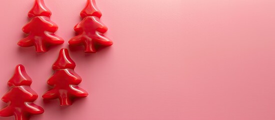 Poster - Festive red Christmas tree shaped toys on a pink background with flatly designed copy space image perfect for cards greetings or invitations creating a New Year and Christmas atmosphere