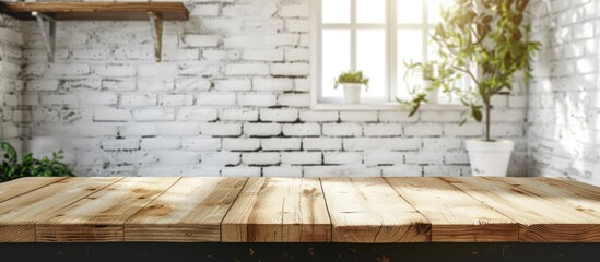 Poster - Copy space image of an empty wooden countertop in a home interior set against a white brick wall